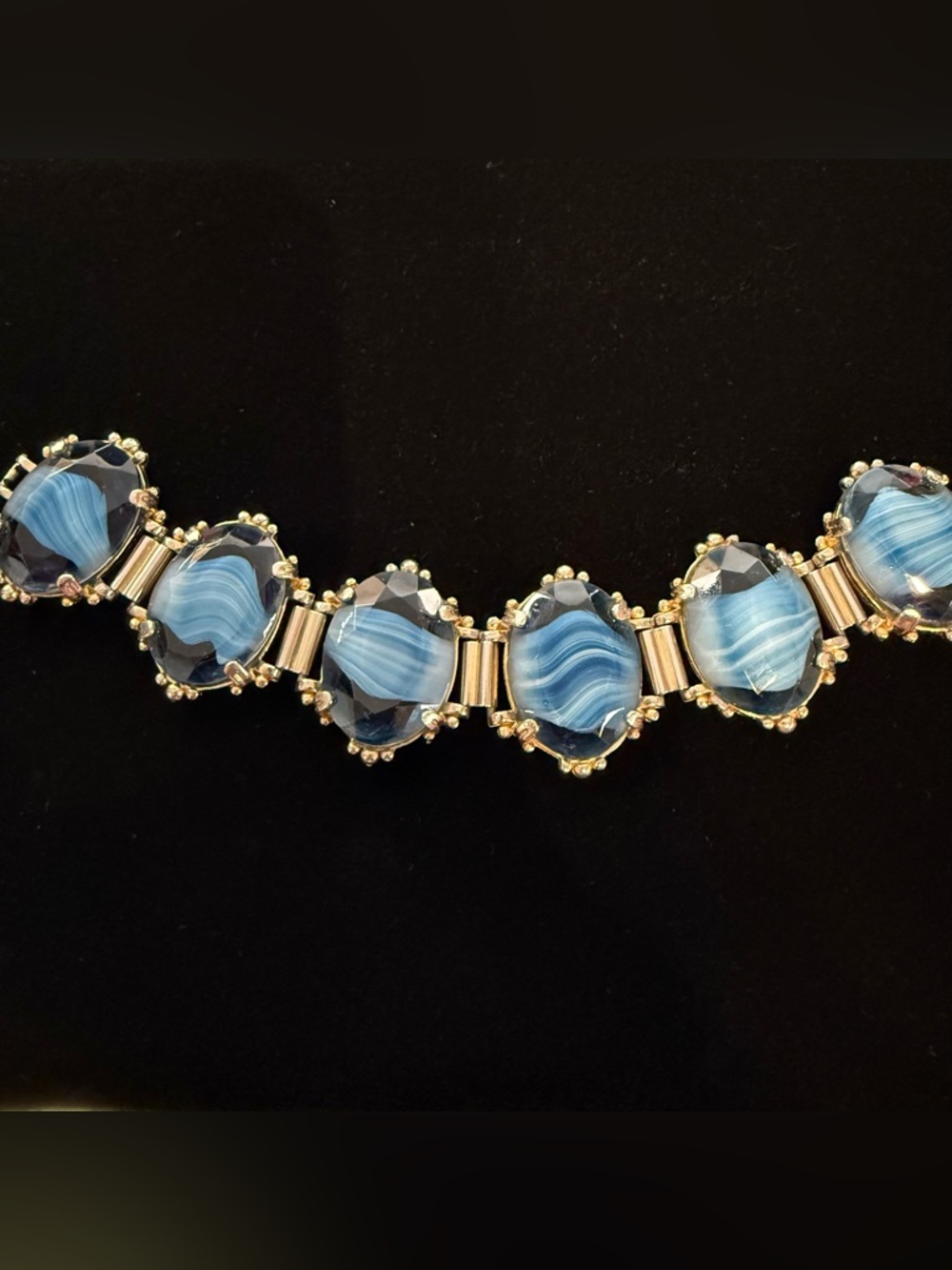 Vintage 1970s Silver Tone,Chunky,Agate Striped Effect,Blue,Art Glass bracelet